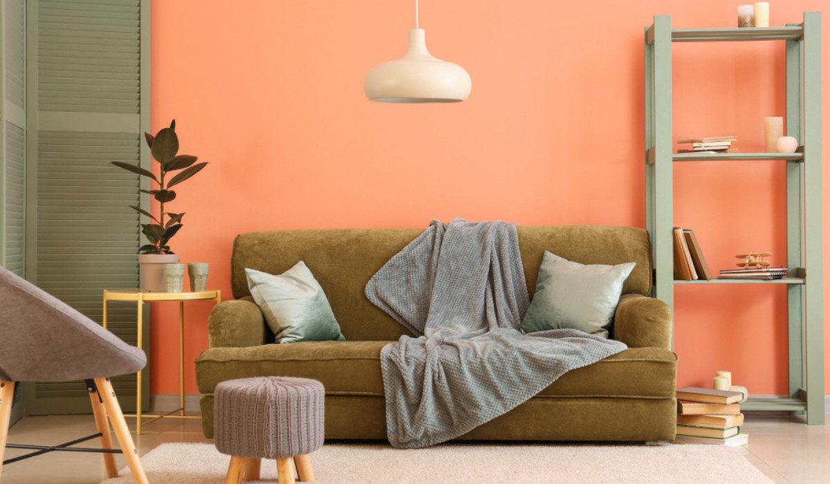 peach living room two colour walls