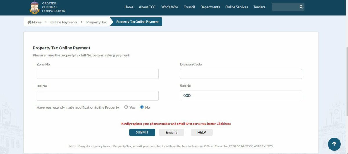 Property tax Chennai Online calculator and payment guide